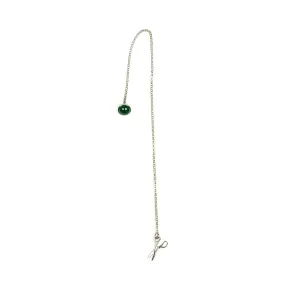 Silver lapel chain with genuine malachite cabochon and tailor scissors