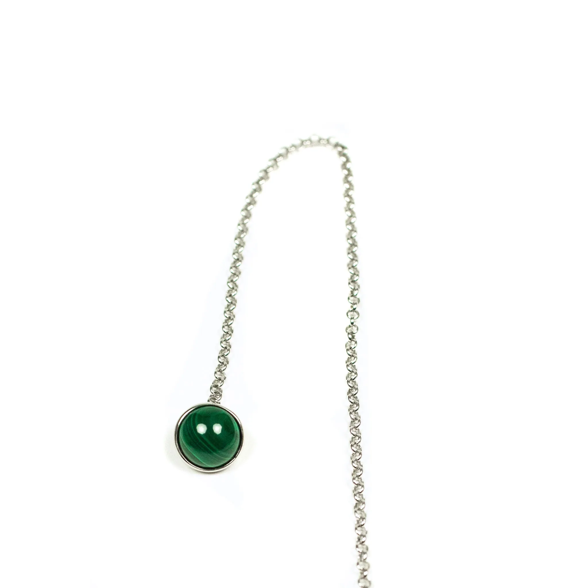 Silver lapel chain with genuine malachite cabochon and tailor scissors